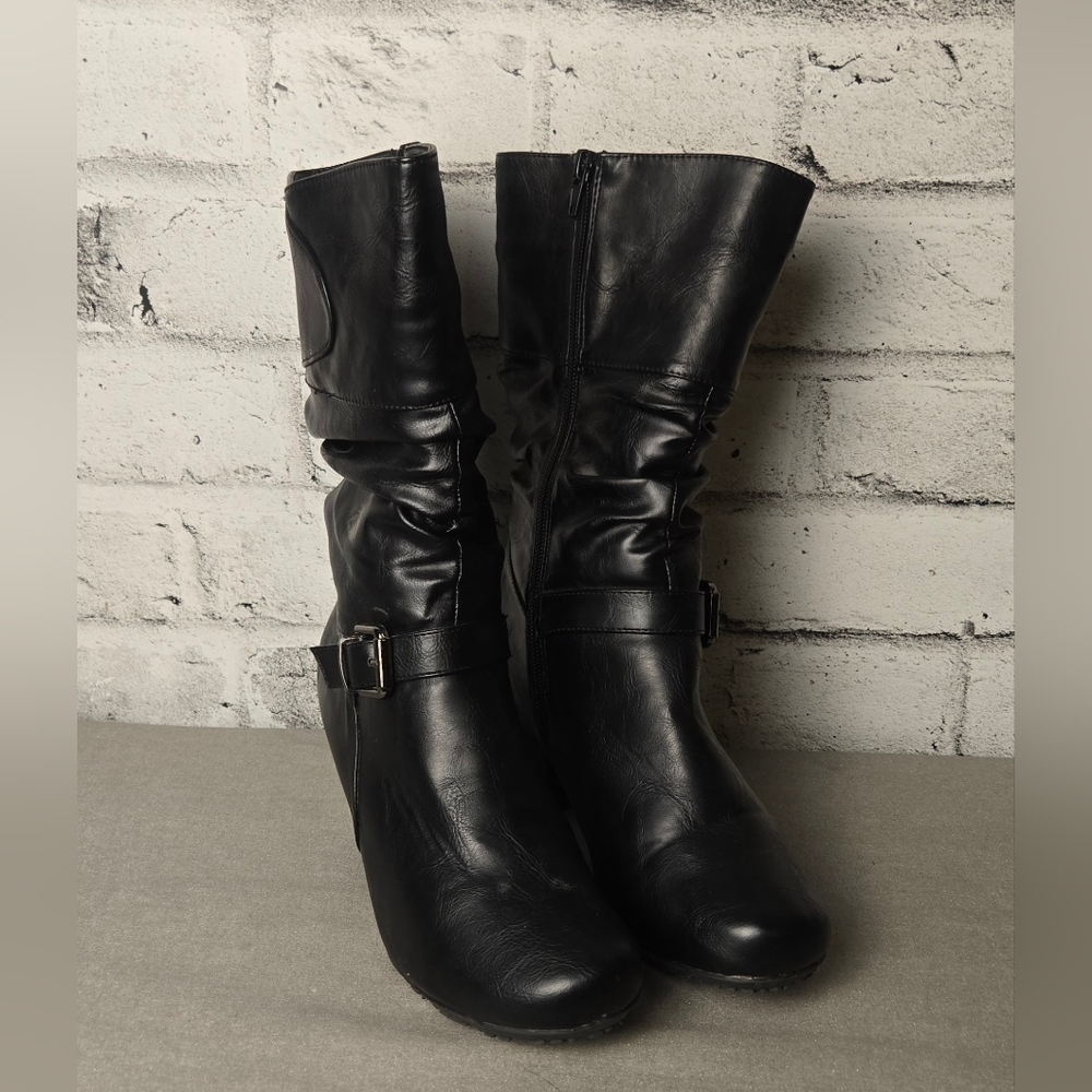 Women’s Black Winter Boots Faux Fur Lined Chunky Heel Zip Size 8
